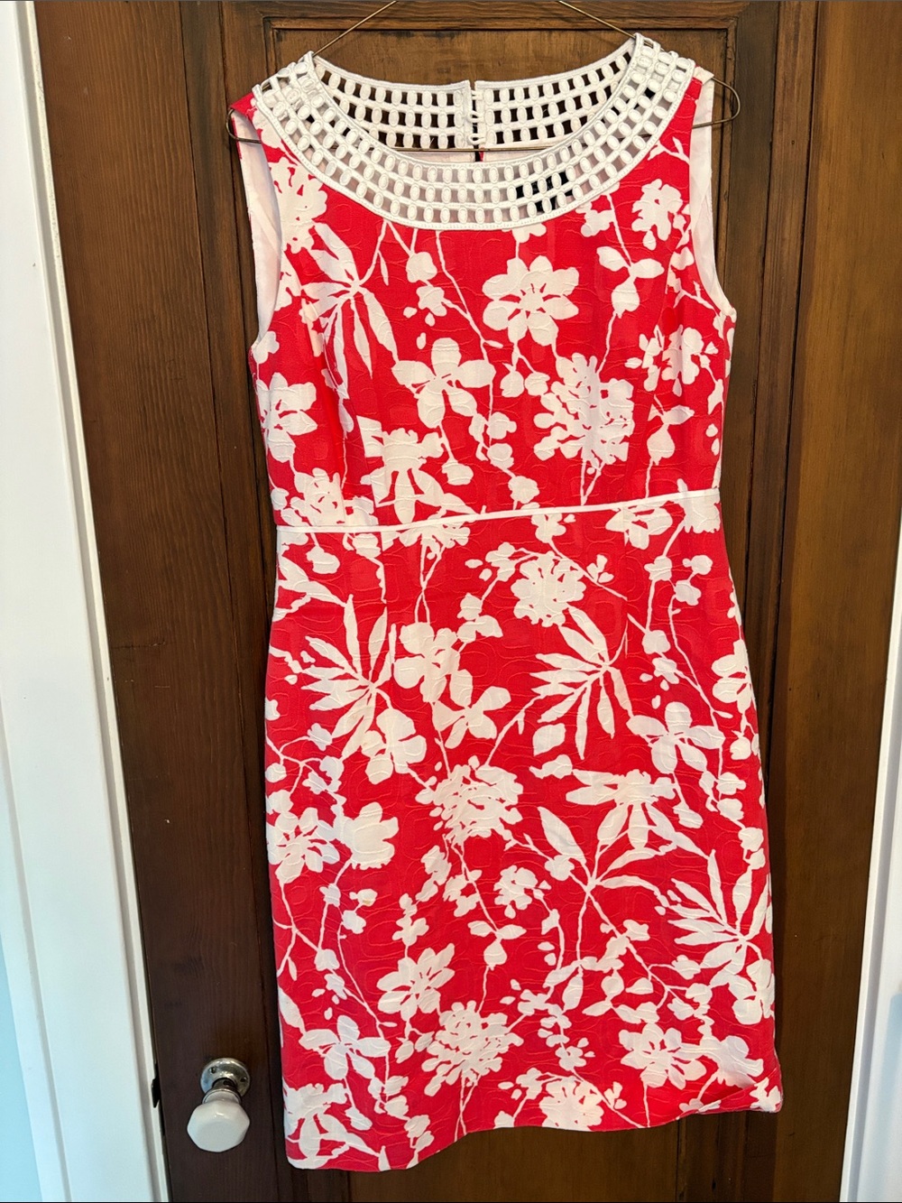Tahari Red and White Floral Midi Dress with Crochet Yoke